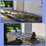 „Collage mit zwei Fotos eines Gartens: oben ein alter Terrassenbelag mit Wpc und ein mit Unkraut zugewachsenes Beet, unten die selbe Terrasse jetzt neu mit Terrassenplatten neu gepflastert und einen Springbrunen in das alte beet eingefügt mit schiefersteinen. Text im Bild: ‚Vorher / Nachher‘.“